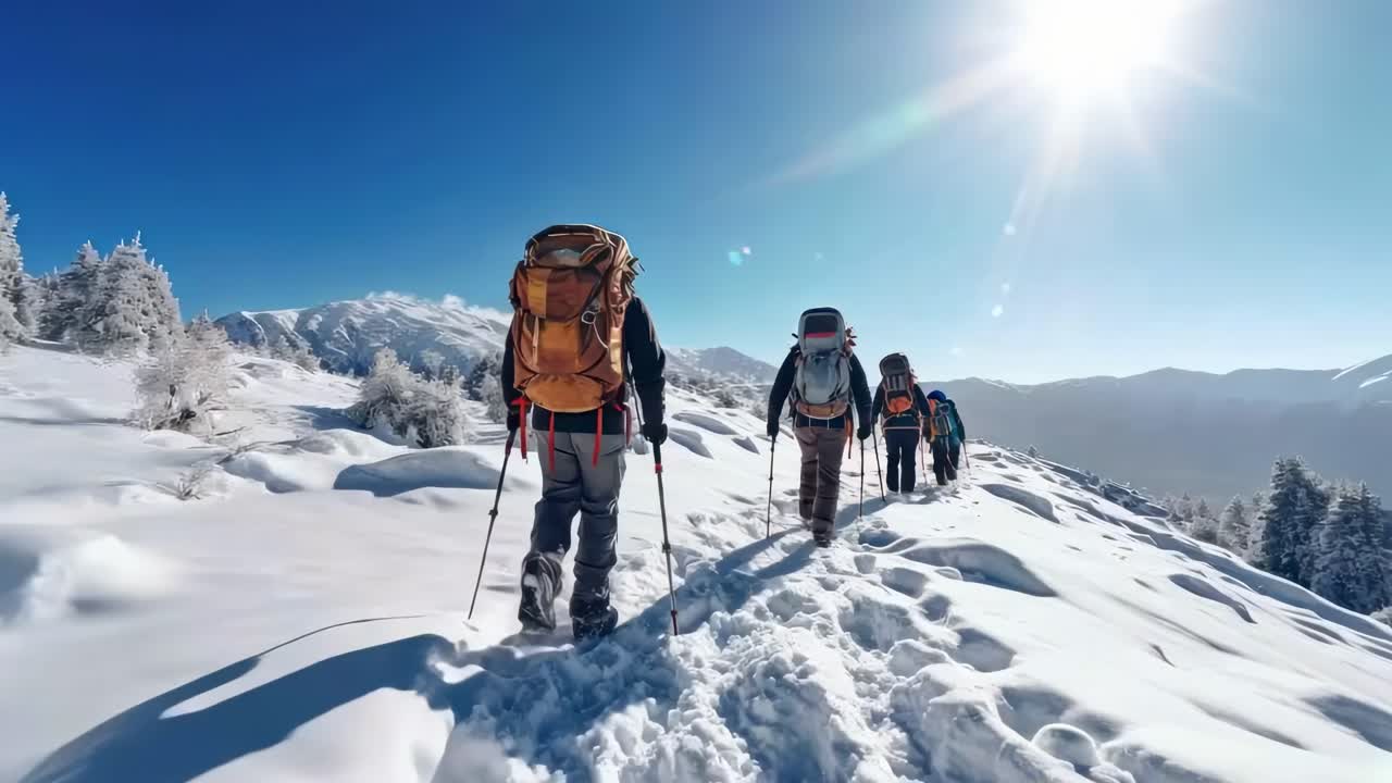 Videoda, parlak güneş altında karlı dağlarda yürüyüş yapan dağcılar görülüyor