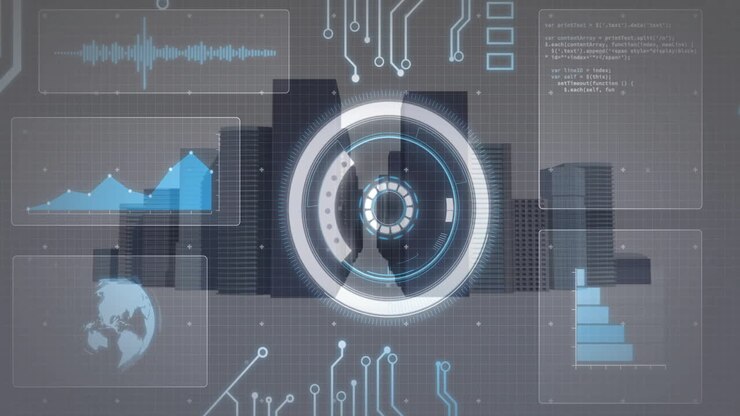 Digital data processing animation over cityscape with graphs and circuit patterns