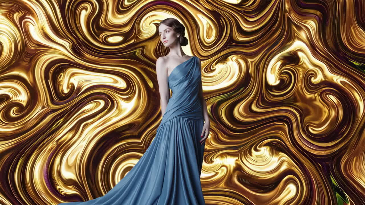 Elegant Woman in Blue Gown Against Abstract Swirling Background
