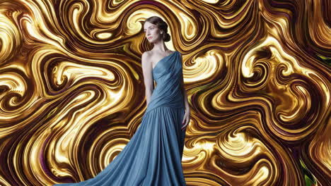 elegant woman in blue gown against abstract swirling background