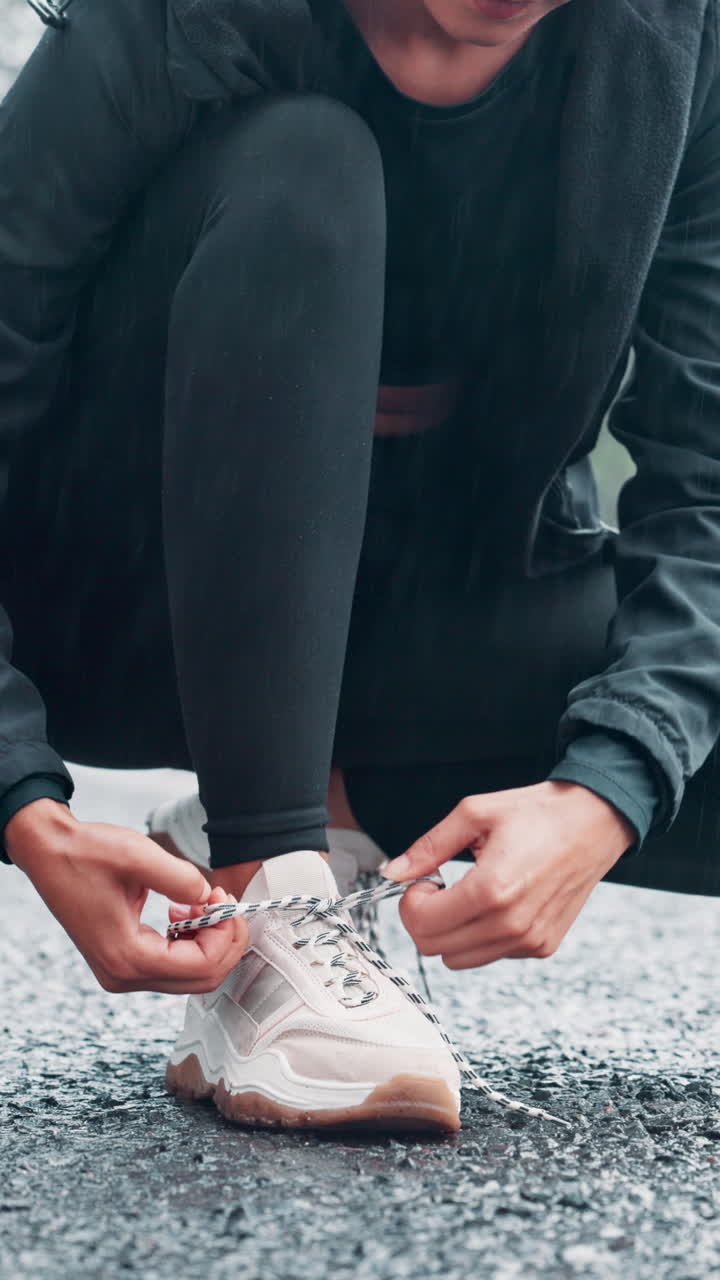 Primo piano di persona che allaccia i lacci delle scarpe da running su strada bagnata