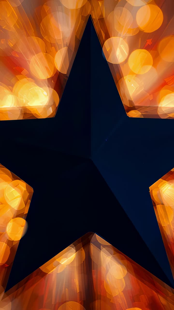 Vertical video: Rotating five-pointed blue star following light pulse at marquee, with orange bokeh