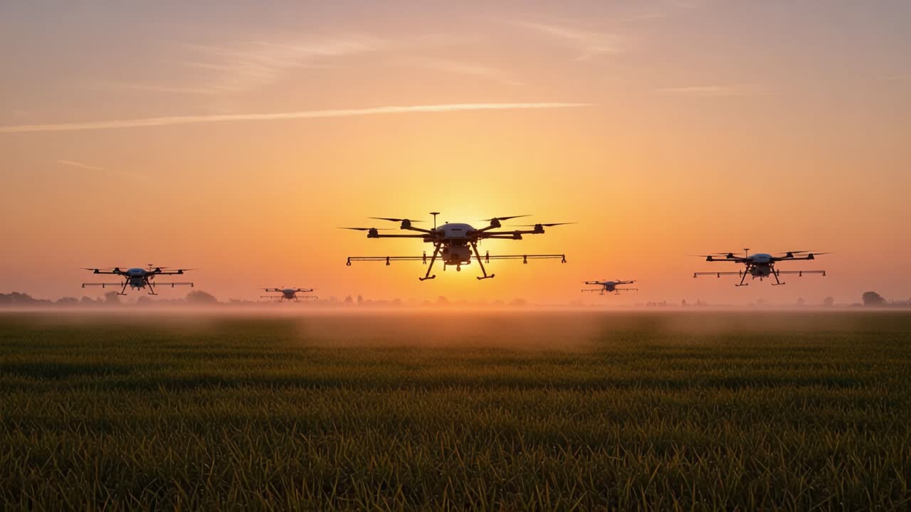 A Stunning Showcase of Technology: Drones Maneuvering Above a Lush Green Field During a Breathtaking Sunset, Highlighting the Intersection of Nature and Innovation