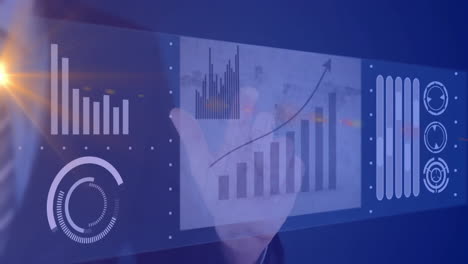 Analyzing financial charts and graphs, business data processing animation over cityscape