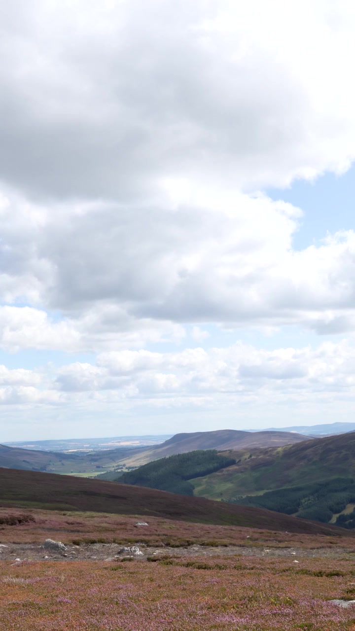 Un lento movimento panoramico della telecamera rivela una scenografica valle nuvolosa delle Highlands scozzesi con brughiera di erica.