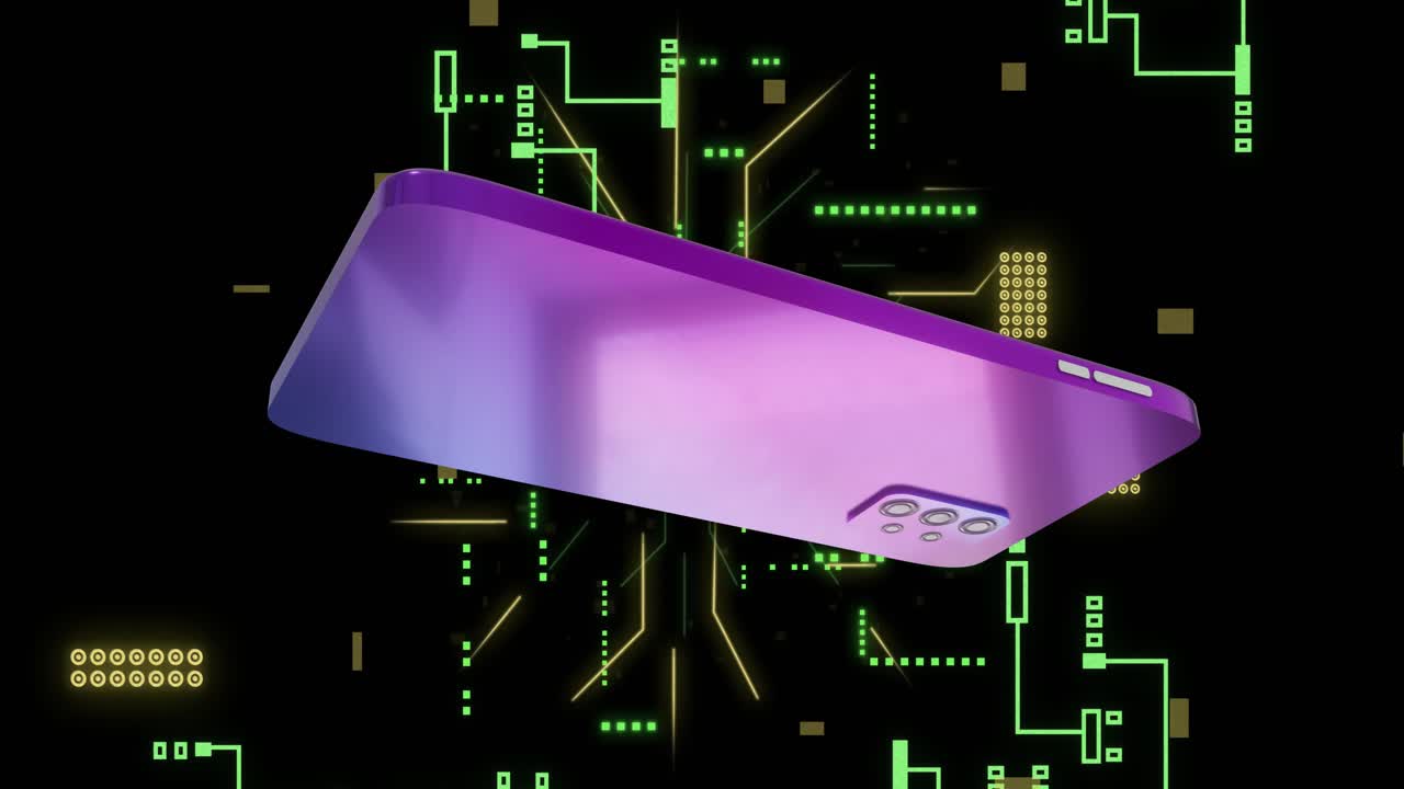 Animation af neongrønne linjer og gule firkanter over futuristisk digital baggrund