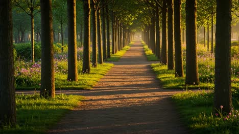 serene pathway through lush green trees and blossoms, illuminated by gentle morning light, inviting for a peaceful stroll in nature's beauty