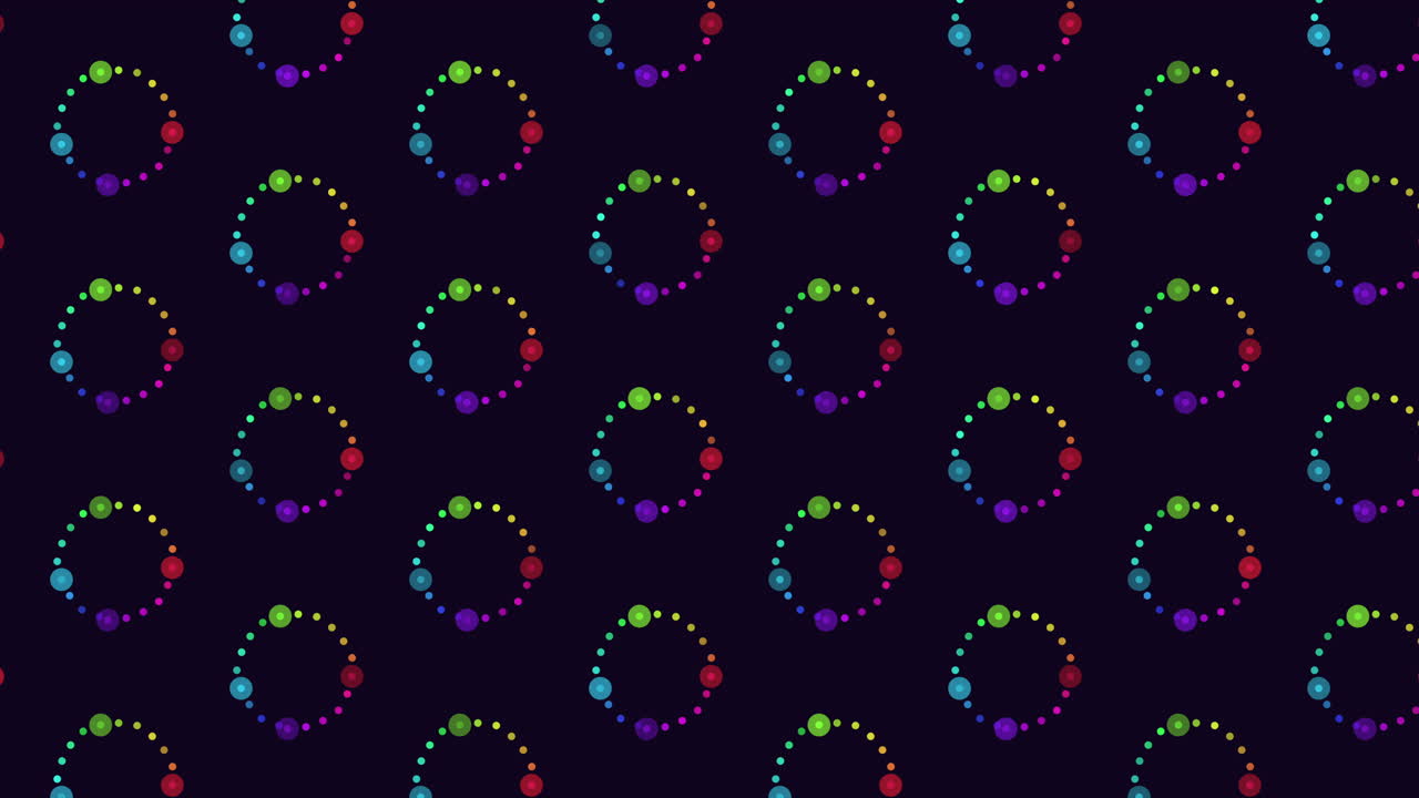 A vibrant seamless pattern of multicolored dots against a black backdrop, forming a circular layout with some dots overlapping for an intricate and symmetrical design