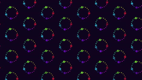 a vibrant seamless pattern of multicolored dots against a black backdrop, forming a circular layout with some dots overlapping for an intricate and symmetrical design