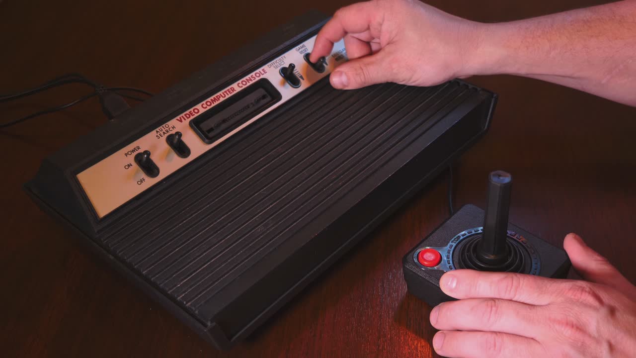 Playing With Vintage TV Video Game Console Joystick. 4K Footage