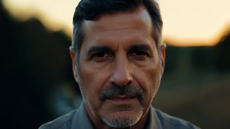 close-up portrait of a serious middle-aged man looking at the camera outdoors