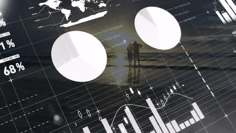 financial charts and pie graphs animation over coastal landscape at sunset