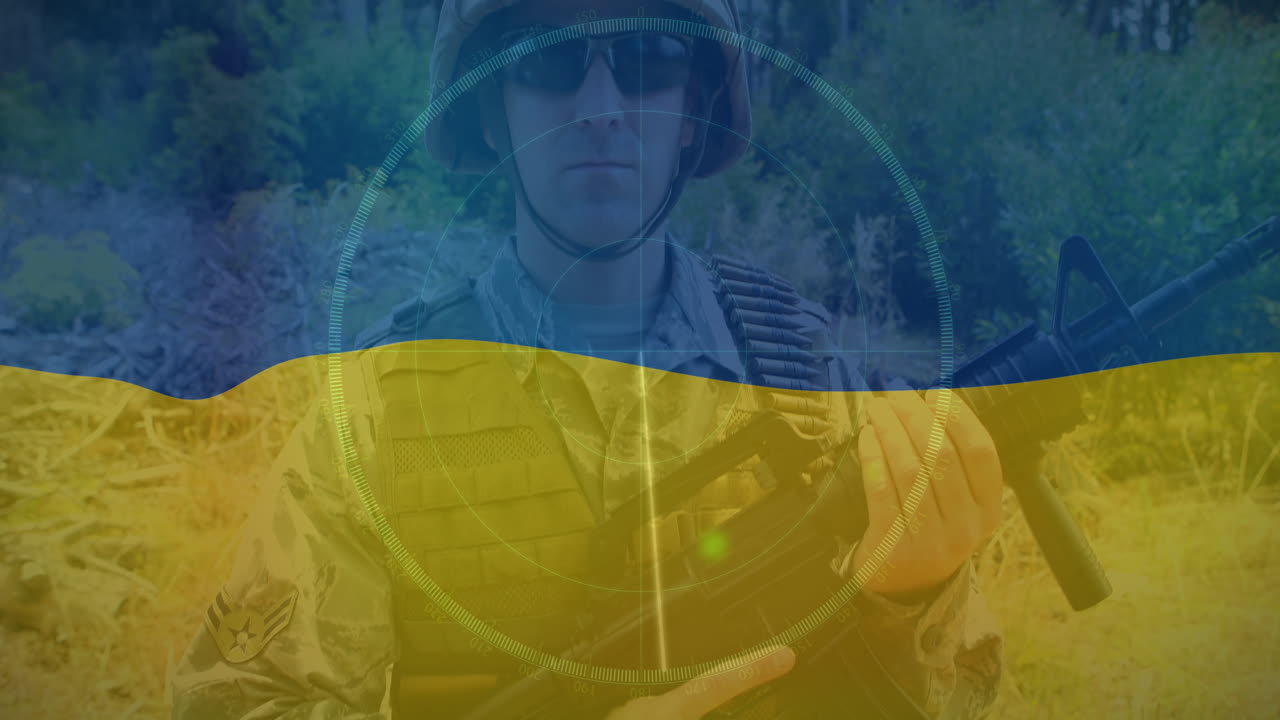 우크라이나의  ⁇ 발 위의 레이더와 카프카스 군인의 애니메이션