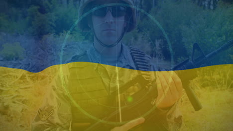 animación de radar y soldado caucásico sobre la bandera de ucrania