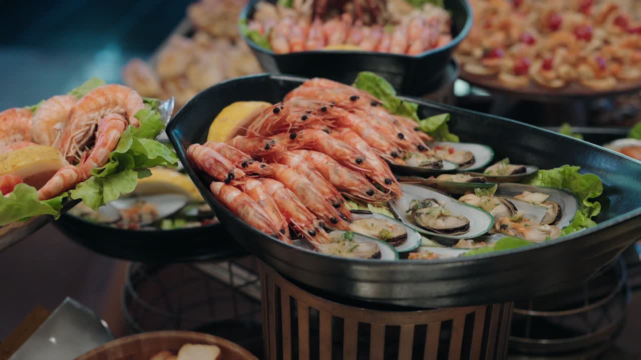 Seafood buffet with shrimp and oysters at an elegant venue