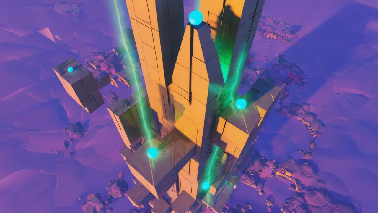 Futuristic Cityscape with Glowing Orbs and Energy Beams