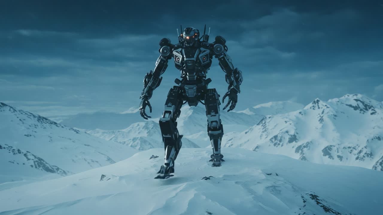 Un imponente robot si erge maestoso sulla cima innevata di una montagna, scrutando il vasto paesaggio ghiacciato sotto un cielo spettacolare, ricco di nuvole vorticose e pervaso da un senso di avventura.