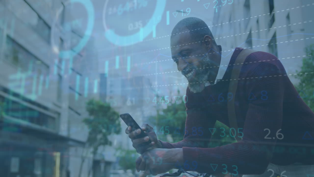 Animation of data processing over african american businessman using smartphone
