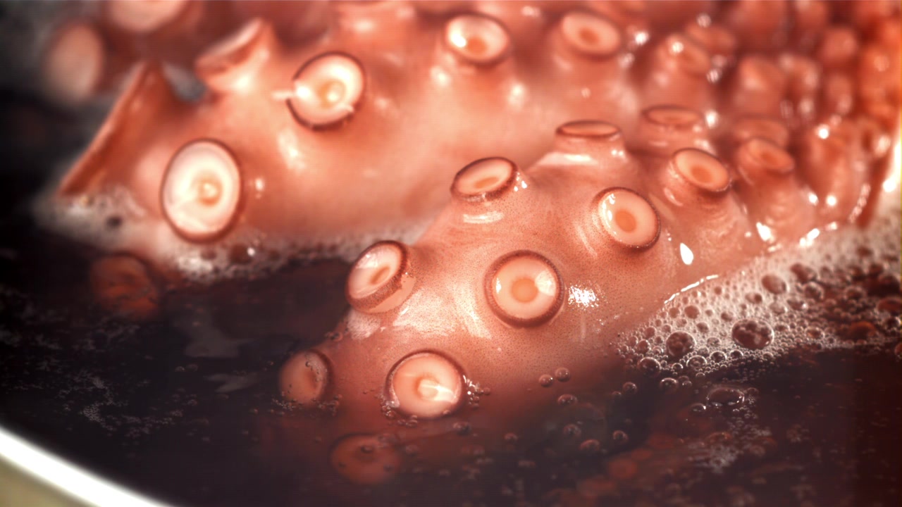 Close-up of Octopus Tentacles Cooking in a Pot