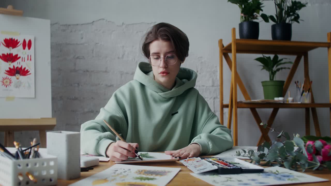 mujer pintando flores en un estudio de arte