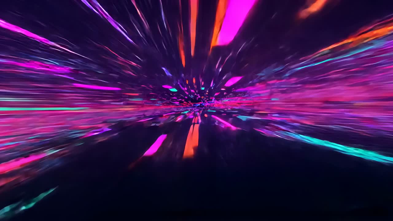 Opening digital void revealing neon prisms accelerating toward viewer, forming glowing color tunnel