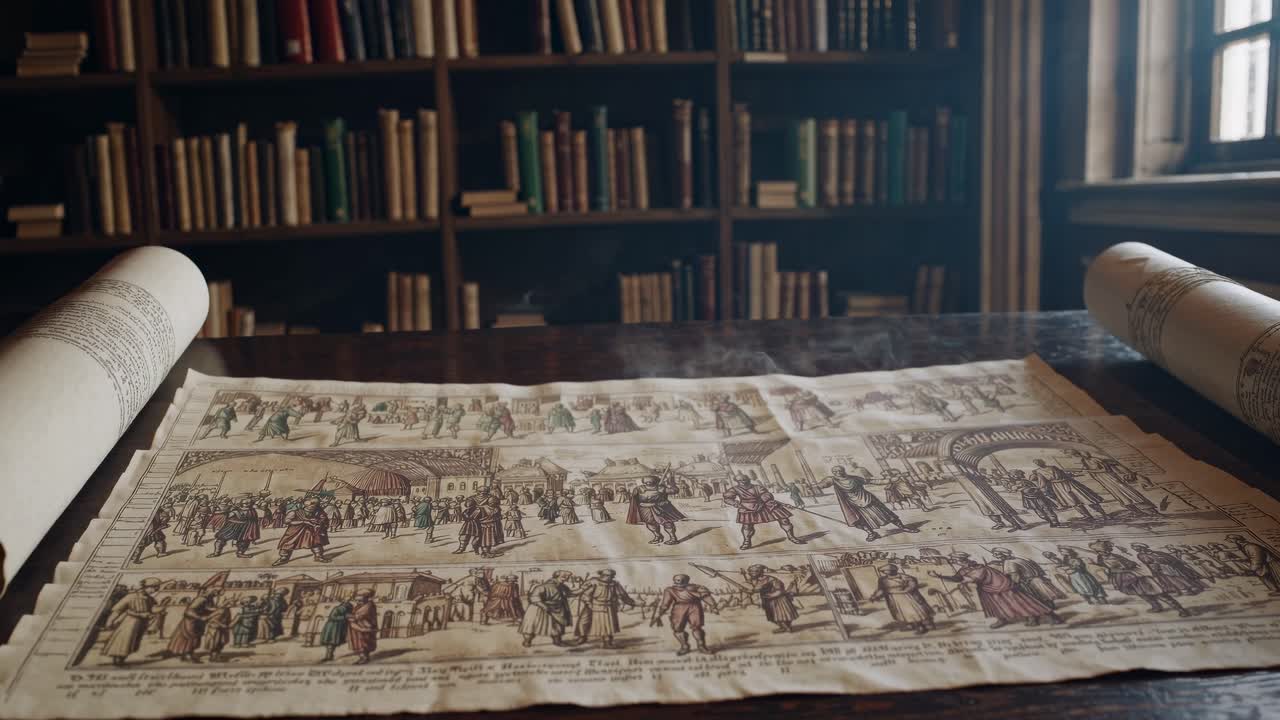 A vintage map on a wooden table in a library, captured from a low angle