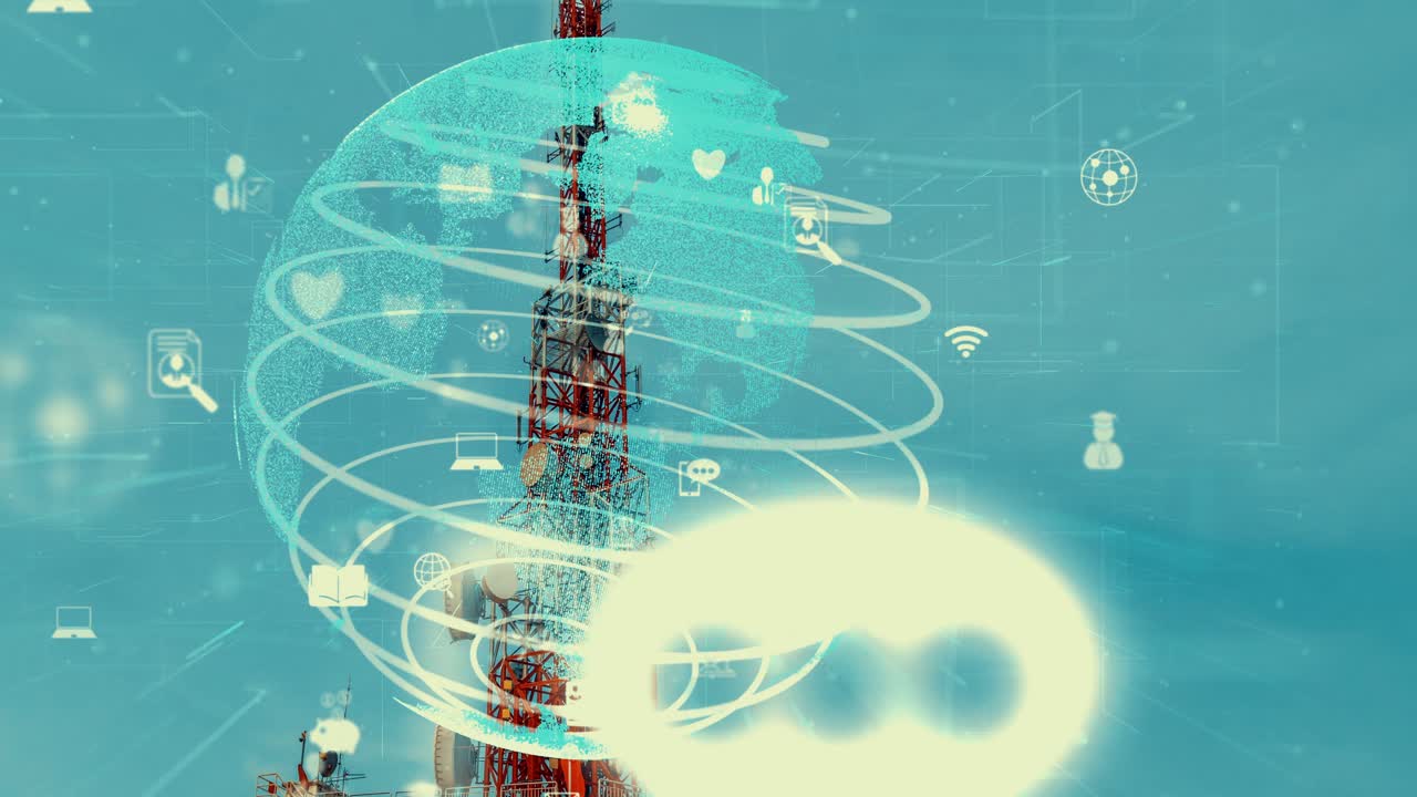 torre de telecomunicaciones con gráfico 3d de la alteración de negocios globales
