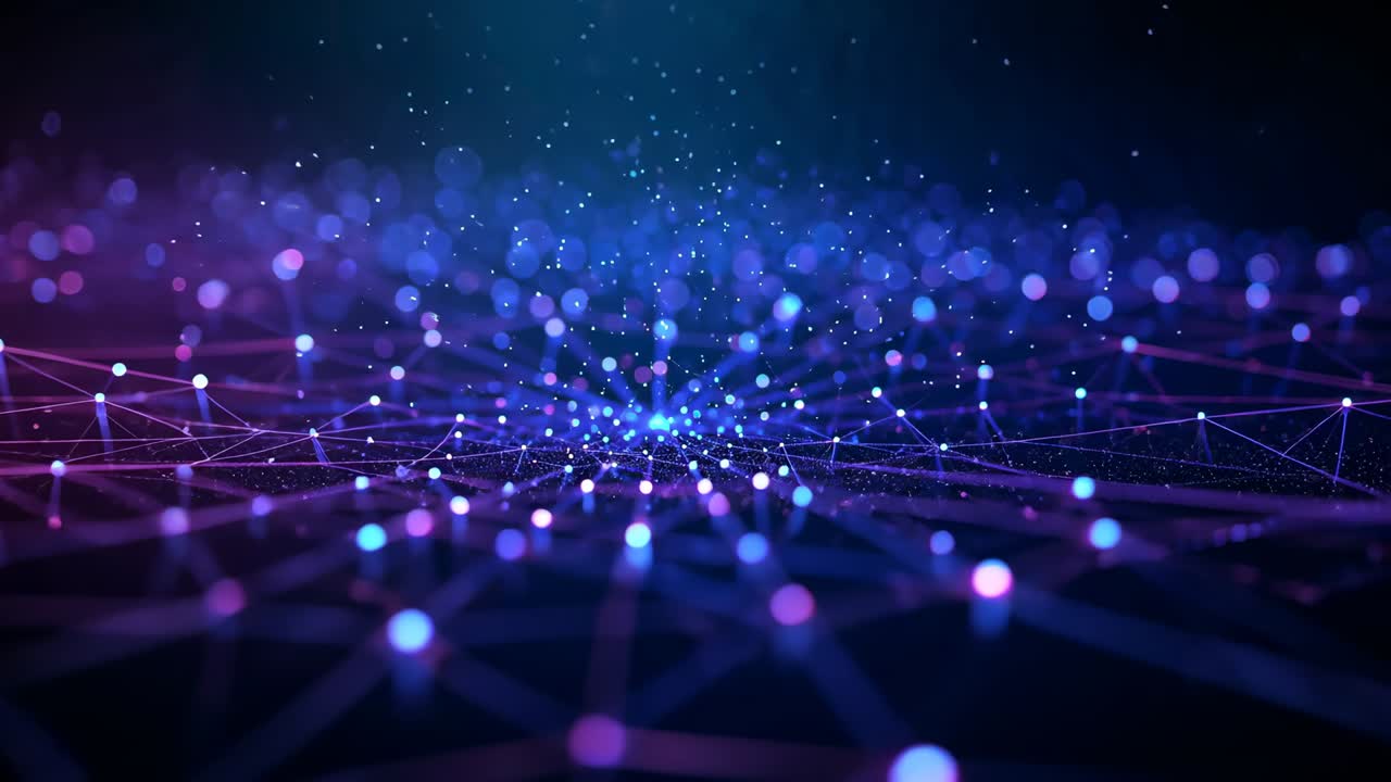 Initializing digital network grid brightening nodes and connecting lines, drifting particles upward