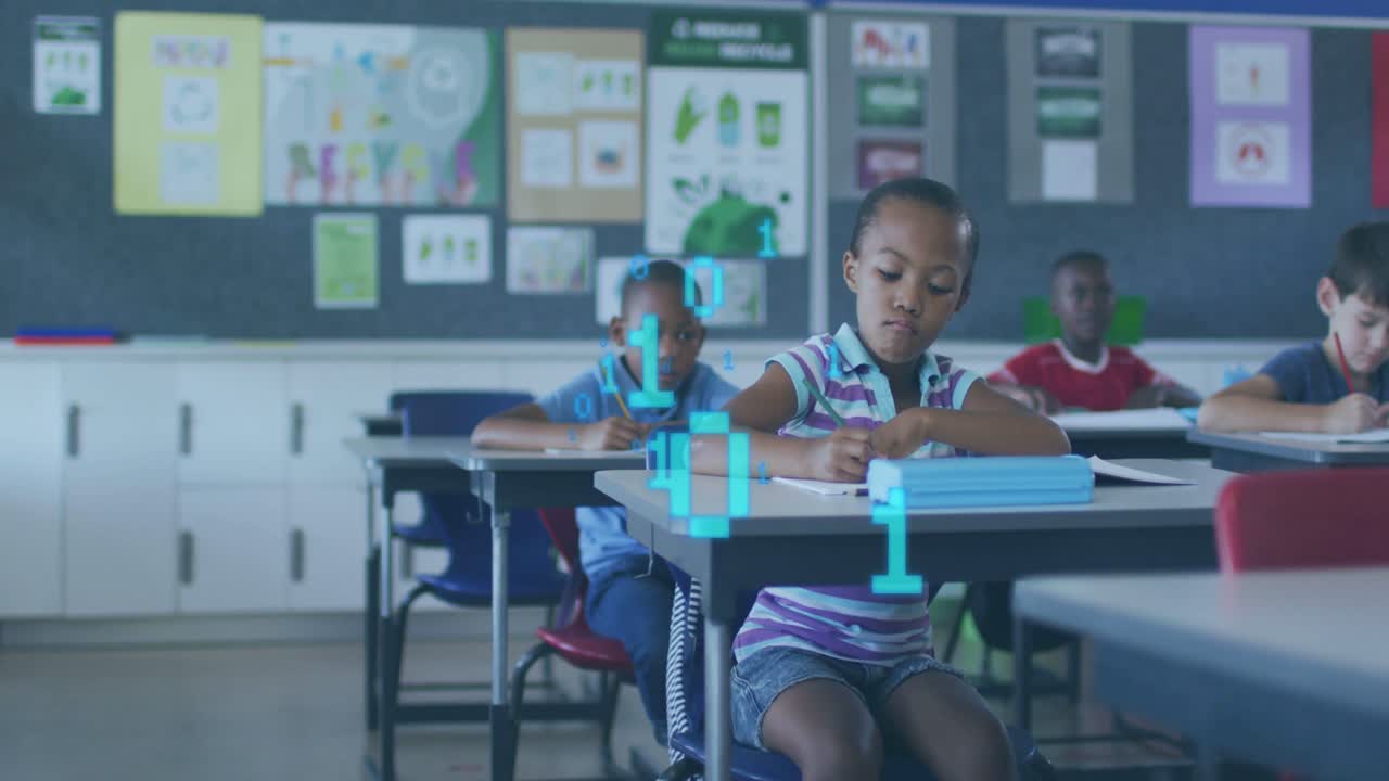 Vertical video: Girl writing worksheet during lesson in class, binary overlay appearing above desks