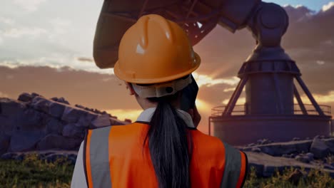 close up back view of asian female engineer with safety helmet talking on smartphone while standing with large satellite dish