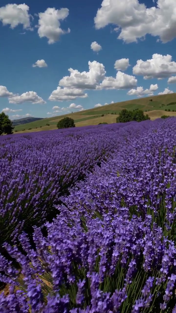 Campo di lavanda viola vivace che ondeggia dolcemente sotto un cielo azzurro
