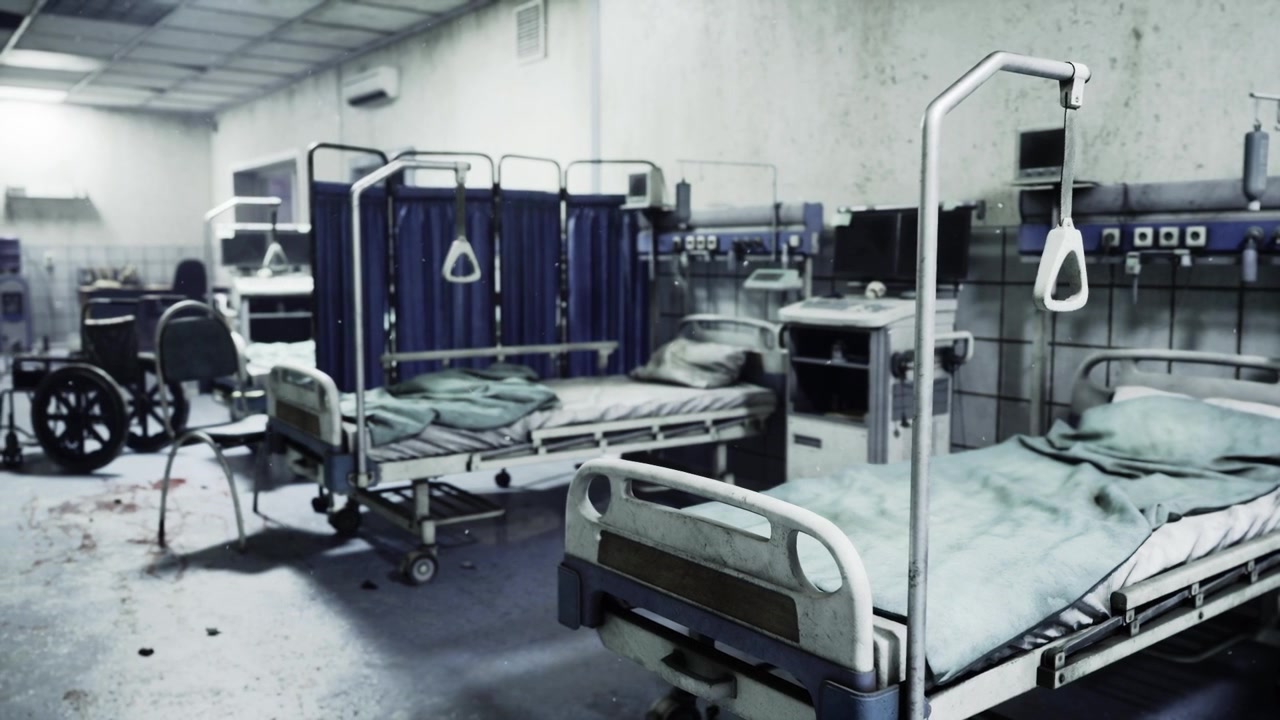 Sala de hospital desocupada mostrando camas vacías y un entorno silencioso.