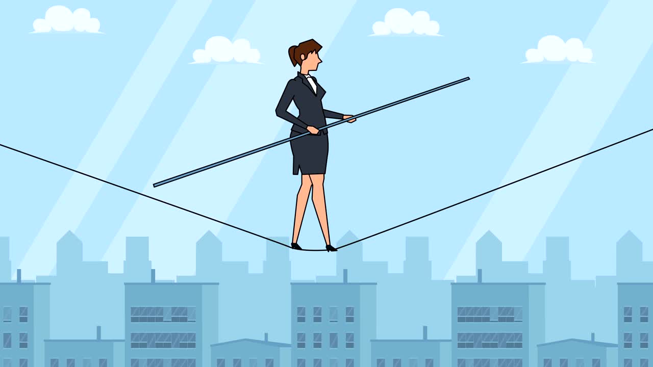 평평한 만화 사업가 캐릭터 도시 풍경 서커스 스턴트 개념 애니메이션을 통해 긴 로프를 걸어