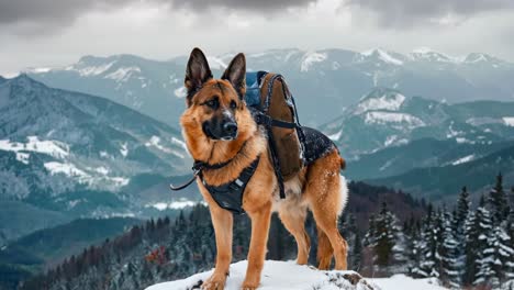 a dog with a backpack standing on top of a snow covered mountain