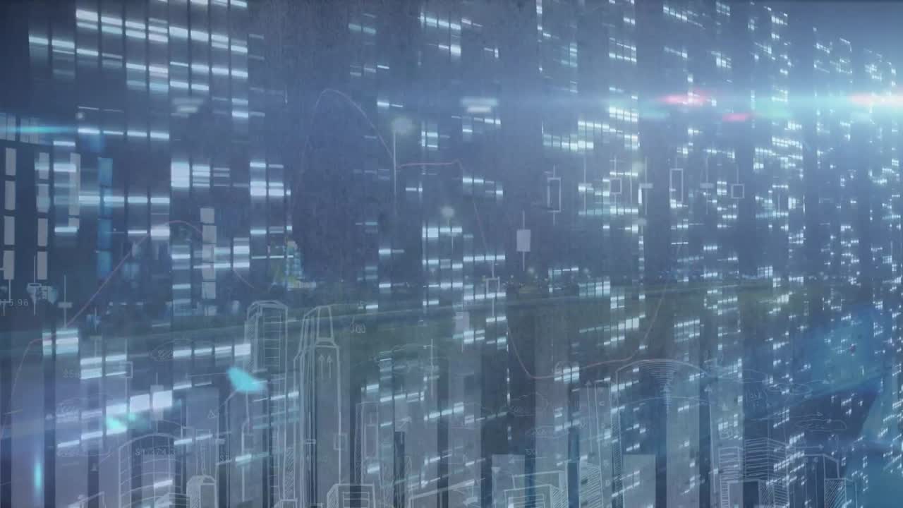 Animation of statistics data processing over cityscape