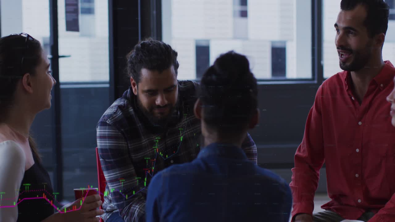 Animation of financial data processing over diverse business people