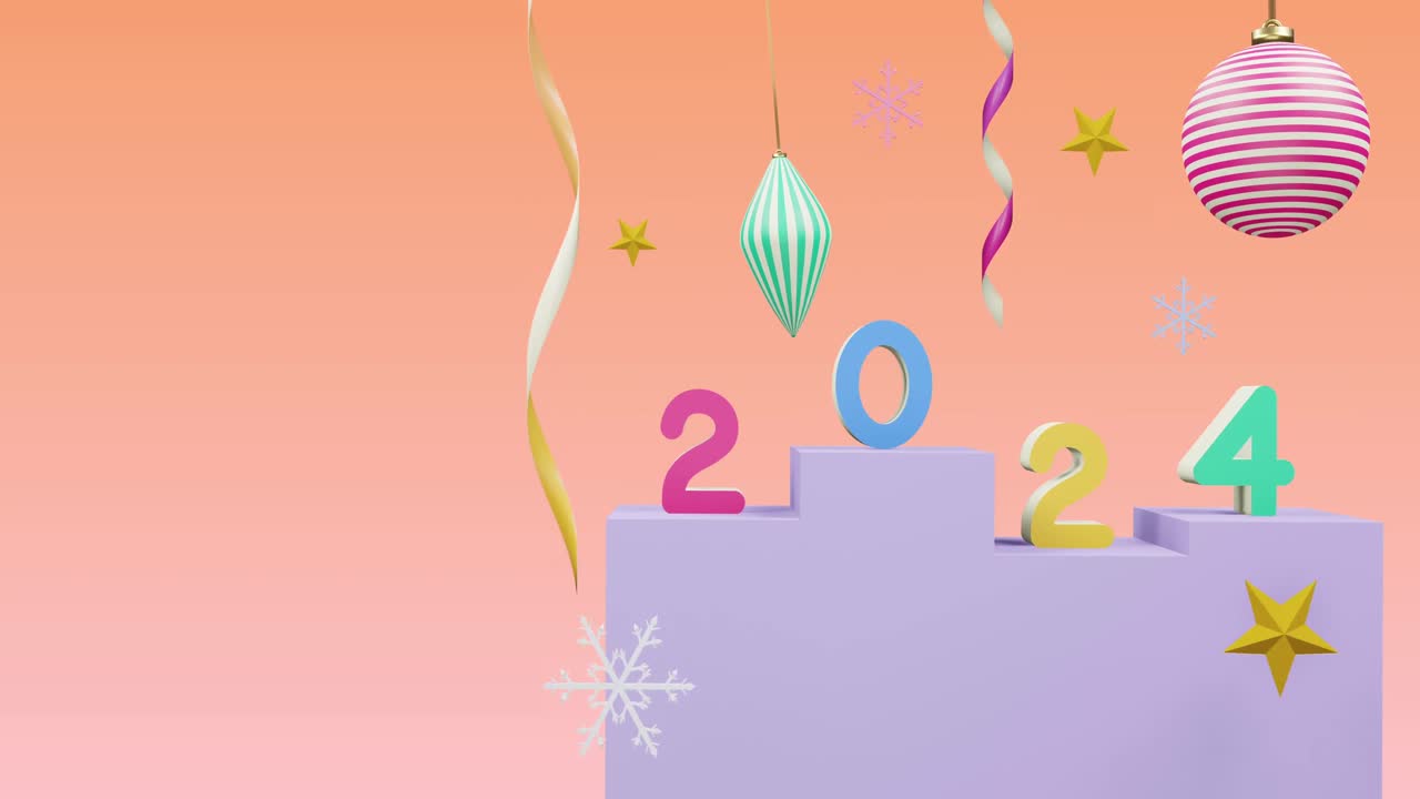 animación del número 2024 sobre el año nuevo y las decoraciones de navidad sobre fondo rosa