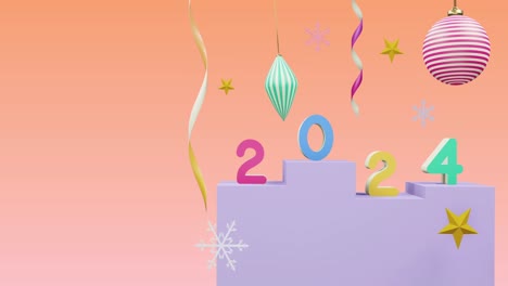 Animación-Del-Número-2024-Sobre-Año-Nuevo-Y-Adornos-Navideños-Sobre-Fondo-Rosa