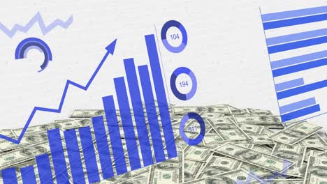 animación del procesamiento de datos financieros sobre billetes de dólares estadounidenses