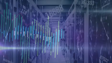 Animation-of-changing-numbers-over-graphs-against-connected-dots-on-server-room