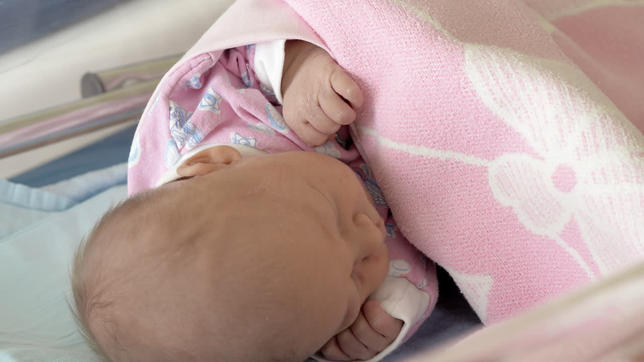 Primo piano di un neonato che dorme sotto la coperta rosa