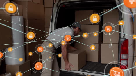 animation of network of connections over caucasian male worker packing car in warehouse