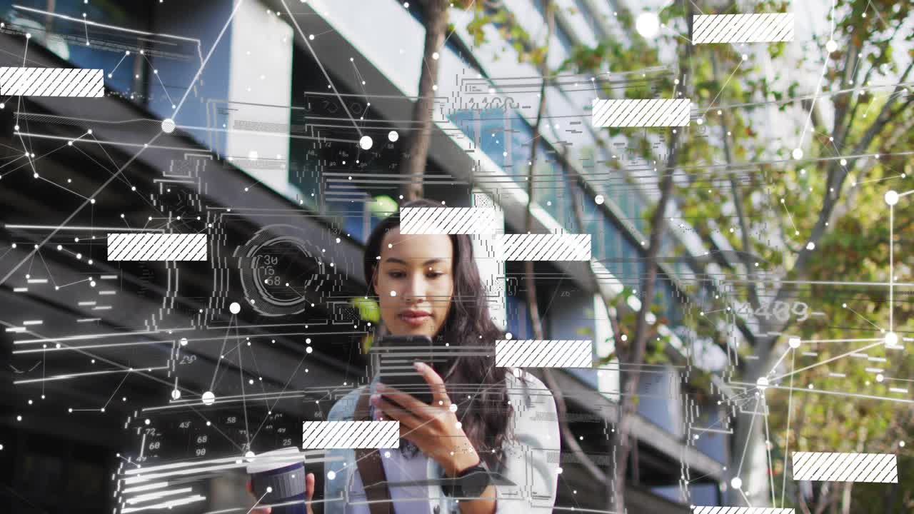 Woman walking by office pausing drinking coffee and viewing AR phone interface before resuming