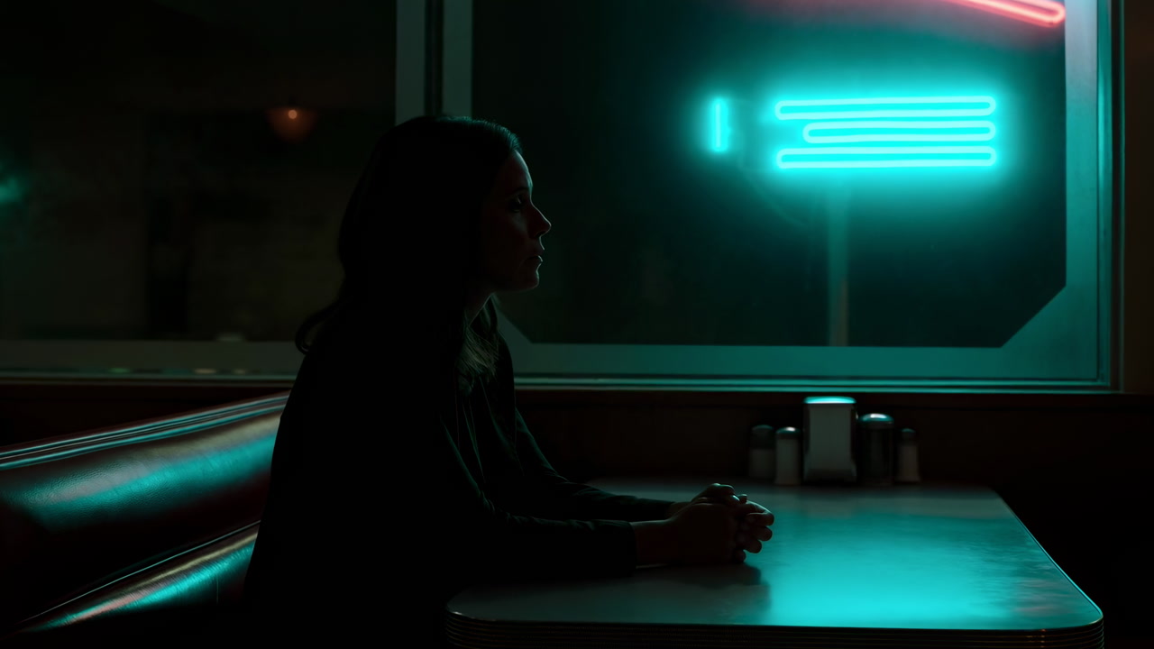 Silhouette Woman Seated In Neon Diner, Teal Sign Glow Casts Reflective Table Light, Hands Clasped On Booth,