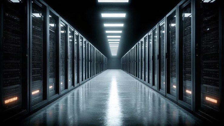 Esplorando l'intricata architettura di un moderno data center: un viaggio attraverso rack di server immacolatamente organizzati e infrastrutture ad alta tecnologia.
