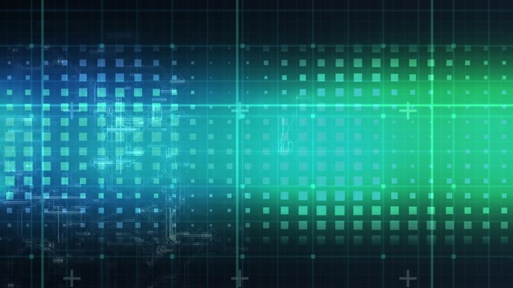 Animation of glowing data processing with markers over grid