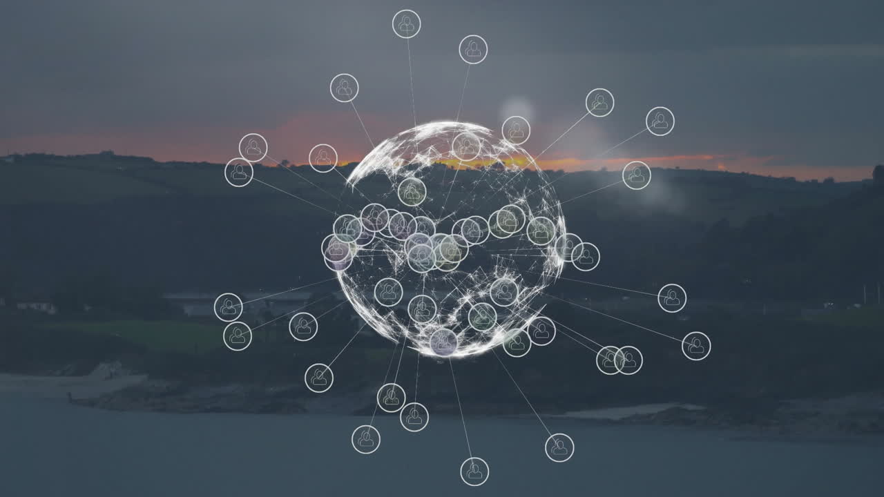 저녁에 해안 풍경에서 글로벌 네트워크 연결을 활성화합니다.