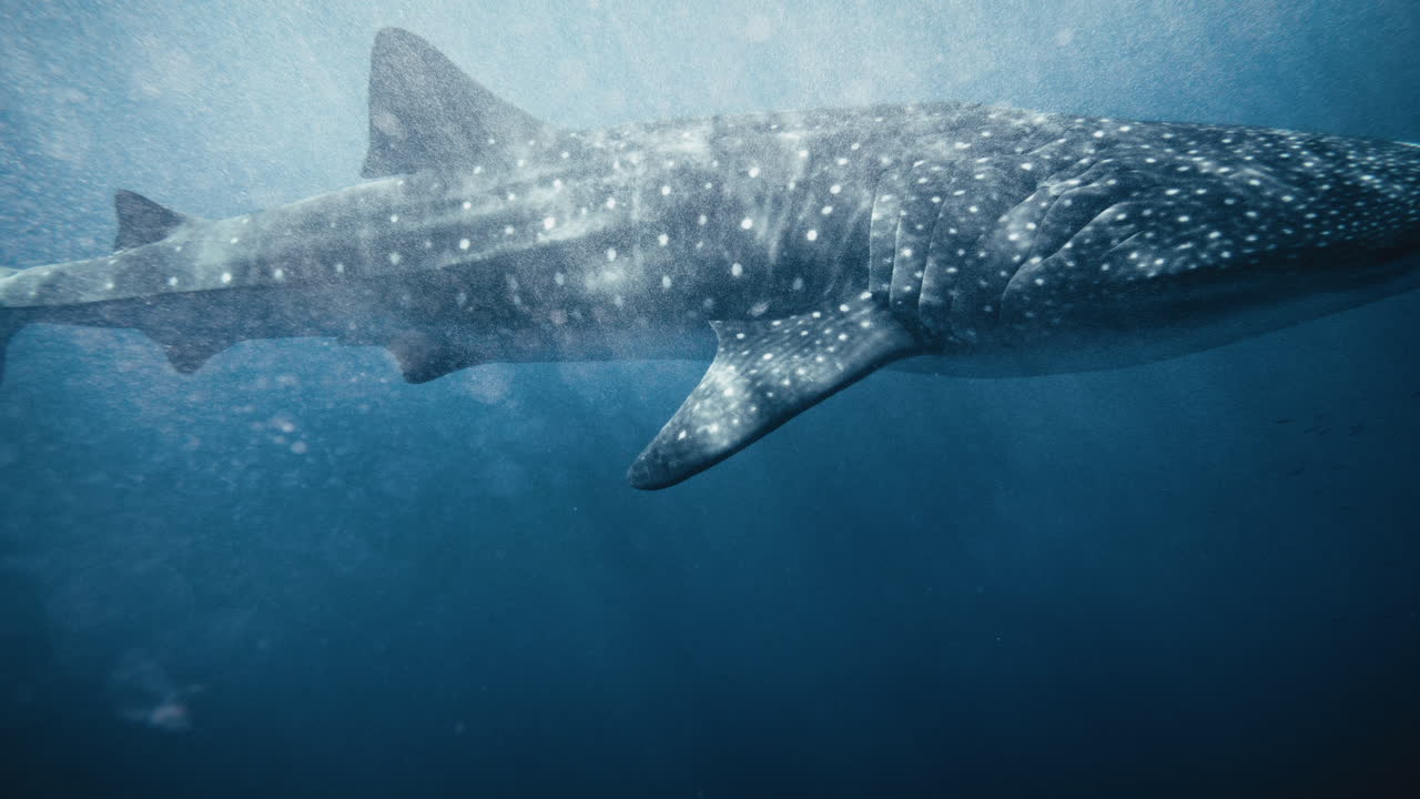 고래 상어의 중간 클로즈업으로 공기 거품 보케가 느린 동작으로 회전합니다.