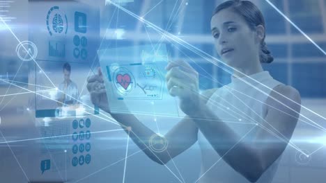 digital animation of digital interface with data processing against woman holding futuristic screen