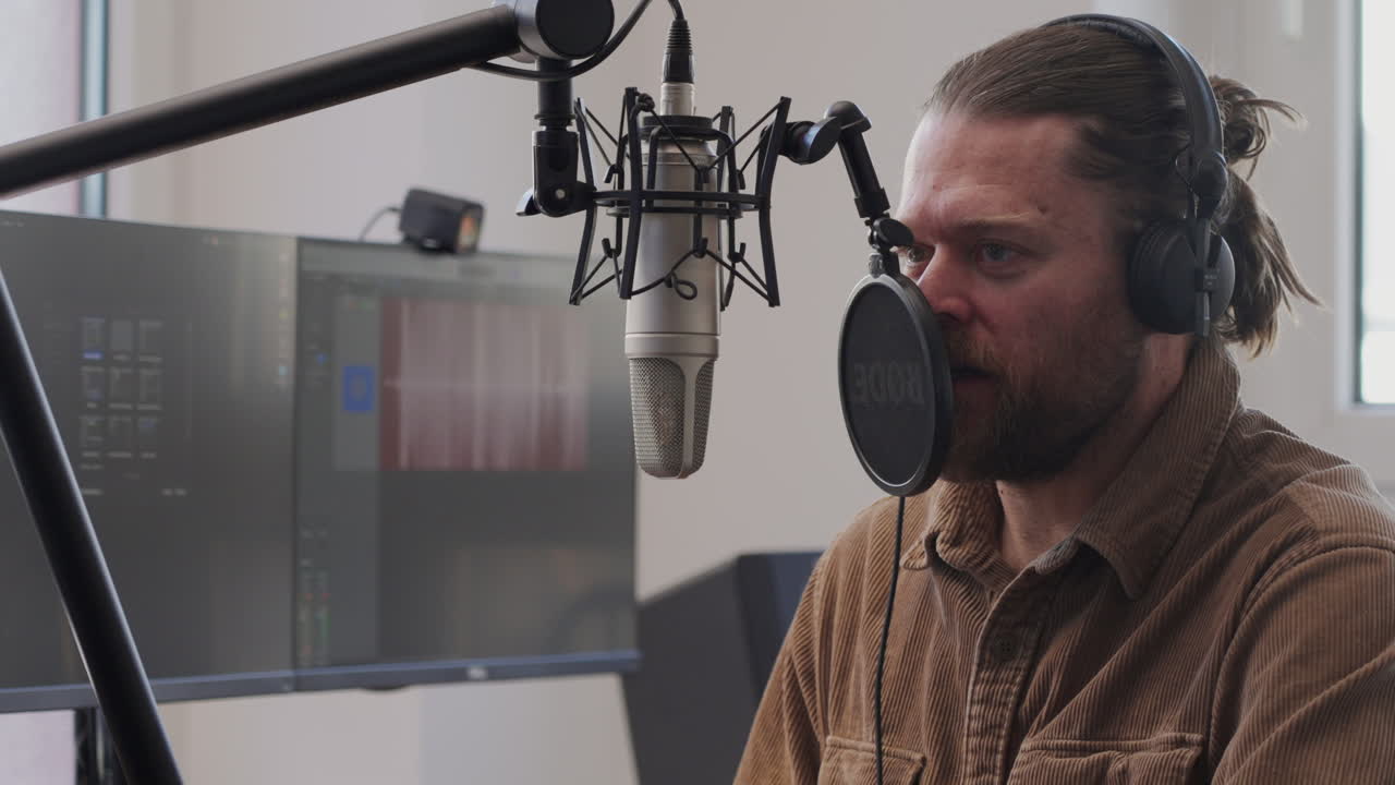 A bearded man with headphones speaks into a professional microphone in a recording studio, with a computer screen displaying audio editing software in the background.
